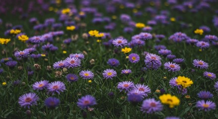 Obraz premium Purple and Yellow Flowers in a Lush Green Field