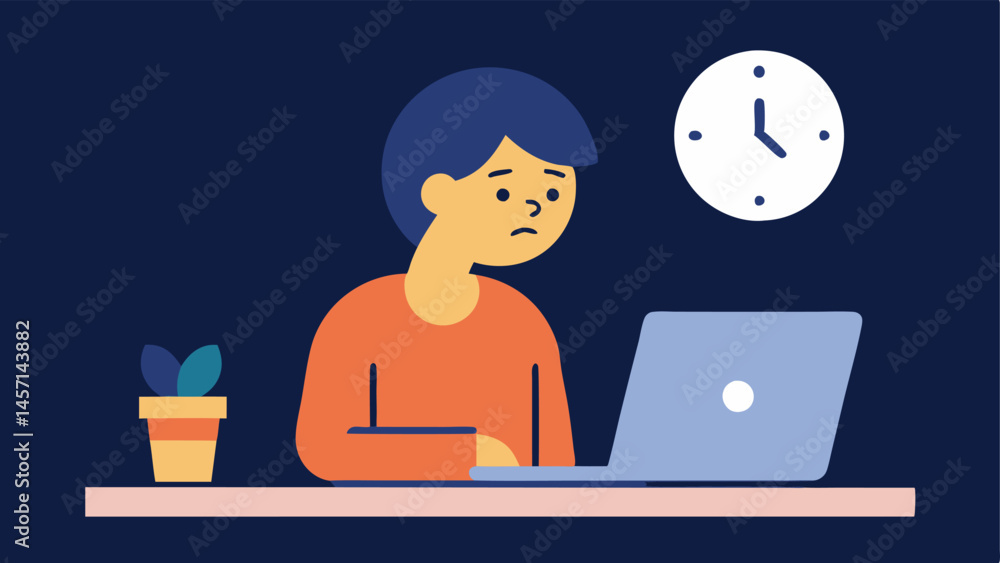 Poster clock watching a person at a desk looking exhausted while glaring at a large clock showing late hour