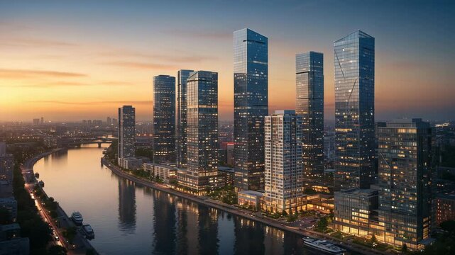 Low aerial flythrough along river between skyscrapers at dusk, glowing city lights, gentle reflections, and cinematic foggy atmosphere