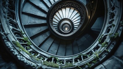 Obraz premium A mesmerizing spiral staircase, seemingly leading to an unseen destination. The dark, moody tones and intricate details create a sense of mystery and intrigue.