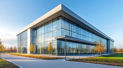 Fototapeta premium Workplace building with modern exterior glass and steel design sharp angles professional and collaborative business environment. 