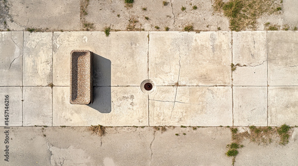 Poster overhead view of a concrete pathway with a bench and a drain