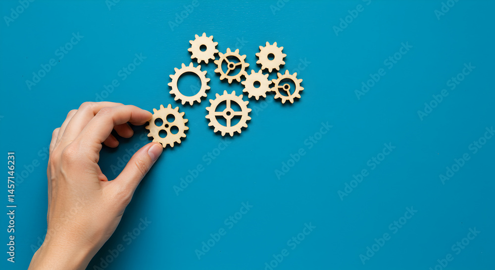 Poster overhead shot of hand arranging small wooden gears on a blue background featuring problem solving te