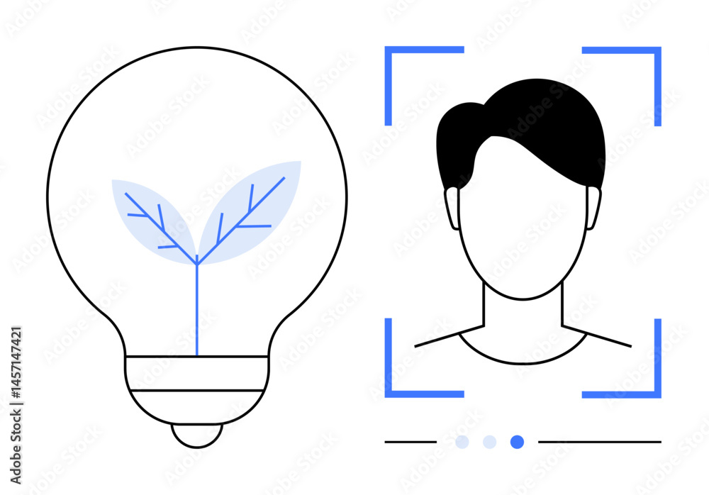 Poster lightbulb with leaf as eco-innovation idea and face icon in identity recognition frame. ideal for ai