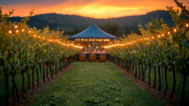 A festive vineyard under a colorful sunset sky