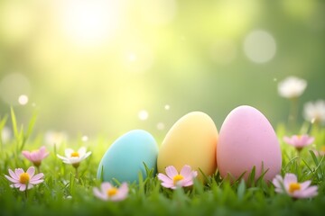 Sunlit Easter meadow with pastel eggs and wildflowers, soft seasonal background with copy space