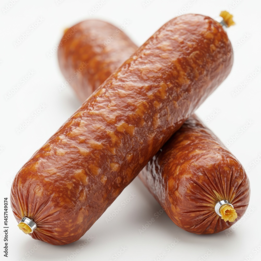 Poster two smoked sausages overlapping each other on a white surface in a studio setting close up view