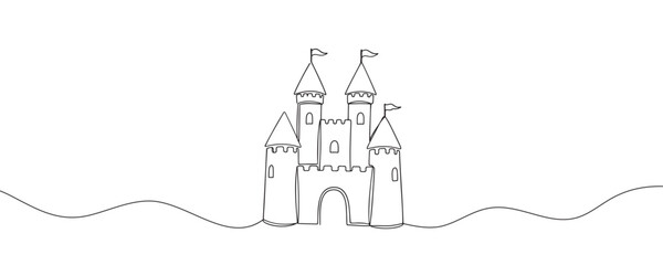 One line drawing of a castle. Fort that contains a fairy tale atmosphere. Drawn in a linear style, vector illustration.