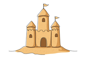 sand castle on the beach. Happy summer vacation. Beach sand castle drawing in line style. Vector illustration