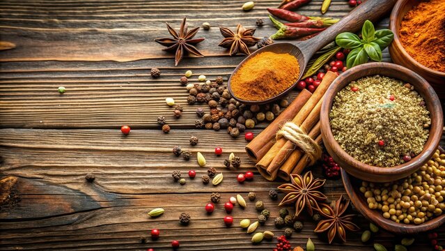 Warm spice blend on a rustic wooden table, cumin seeds, spices