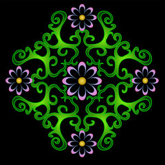 Four-cornered bright floral pattern for tiles or fabric on black background