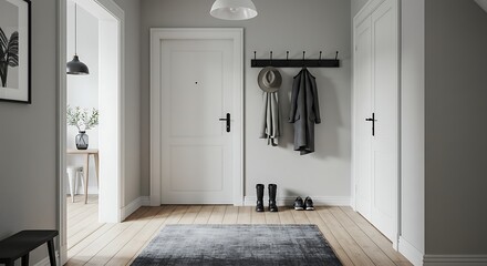 Entryway with coat rack, hat, and rug on wooden floor.