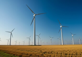 Wind Turbines in a Golden Wheat Field Under a Blue Sky