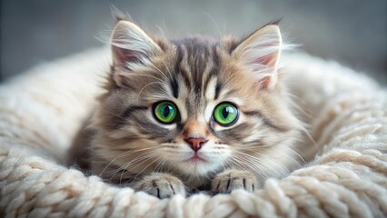 A tiny ball of fluff with bright green eyes stares up at the camera