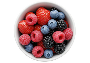 Overhead view of assorted berries in a white ceramic bowl close up