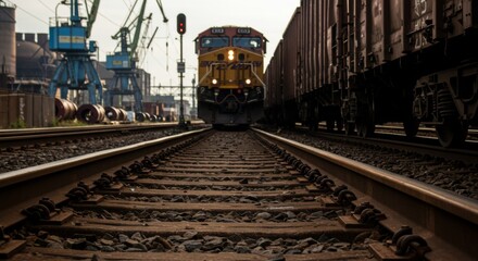 Obraz premium Freight Train Approaching on Industrial Railroad Tracks