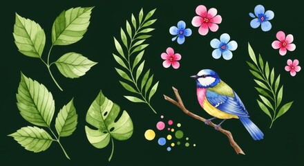 Obraz premium Watercolor Bird with Tropical Leaves and Flowers
