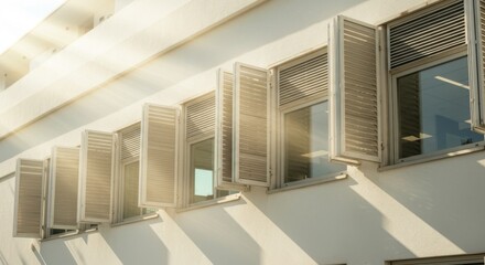 Obraz premium Sunlit Building Exterior with Open White Shutters
