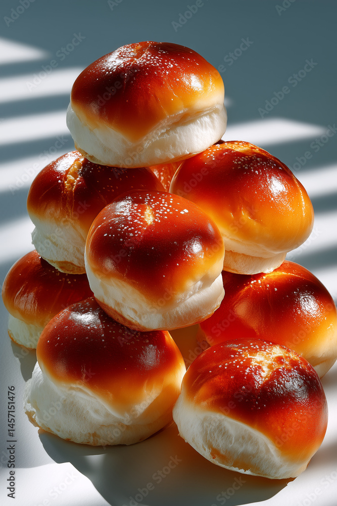 Poster mini milk buns arranged in a visually striking stack with glossy brown crust and fluffy interior. so