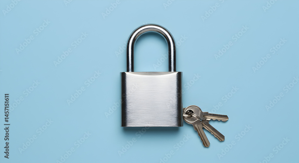 Poster silver padlock with three keys on pale blue background security and access concept