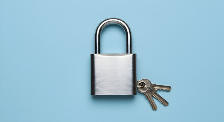 Silver Padlock with Three Keys on Pale Blue Background Security and Access Concept