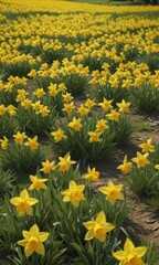 Obraz premium Vibrant yellow daffodil blossoms carpet a verdant field bathed in sunlight , daffodil, nature scene