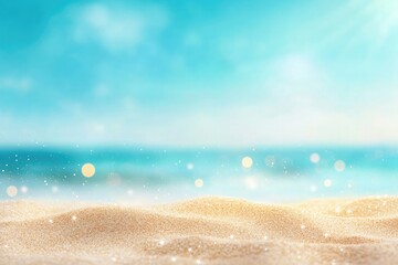 Sandy beach with blue sky, sunlight with bokeh lights background, soft texture