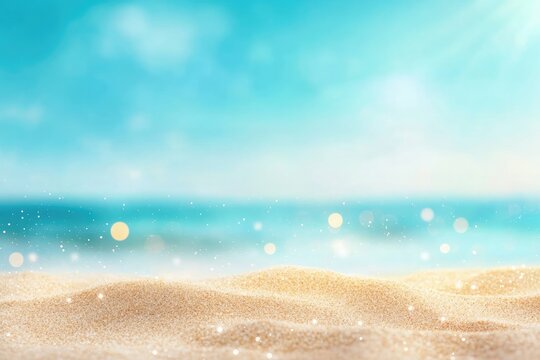 Sandy beach with blue sky, sunlight with bokeh lights background, soft texture