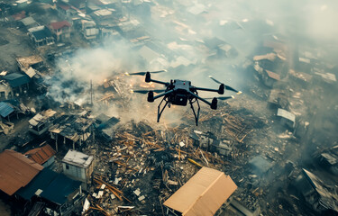 Drone flying over a devastated landscape with smoke and debris