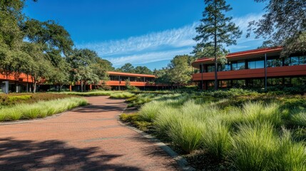 A Modern Office Building With Lush Greenery And Brick Pathway