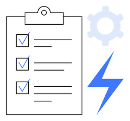 Clipboard checklist with marked tasks, gear for settings or process, and lightning bolt for energy or speed. Ideal for planning, management, organization, efficiency, productivity, workflow