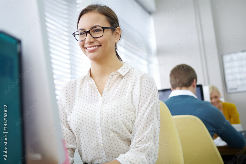 Aufkleber Computer, smile and creative business woman on internet for software development at startup. Developer, pc or professional work on project for information technology, coding and programming website