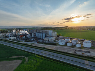 Bioagra Goswinowice Ethanol Production Plant located near Nysa in Poland. Aerial drone view of methanol and ethanol factory plant.  Polish producer of bioethanol and ethanol produced from corn grain.