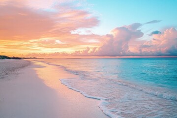 Fototapeta premium Seascape at Sunset With Pastel Pink Sky, Sandy Shore, and Turquoise Ocean Waves