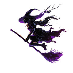 A Cartoon Witch Riding a Broomstick in Deep Purples Isolated on Transparent Background