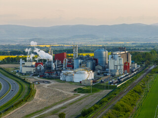 Bioagra Goswinowice Ethanol Production Plant located near Nysa in Poland. Aerial drone view of methanol and ethanol factory plant.  Polish producer of bioethanol and ethanol produced from corn grain.