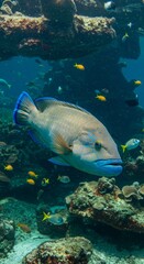 Fototapeta premium Blue And Grey Fish In Vibrant Coral Reef