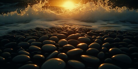 Fototapeta premium Golden Sunset Waves Crashing on Smooth Dark Pebbles Beach