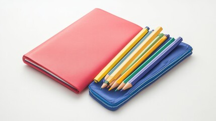 Colorful set of school notebooks and a pencil case filled with writing tools on a clean white isolated background
