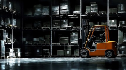 A forklift inside a large, dark warehouse.