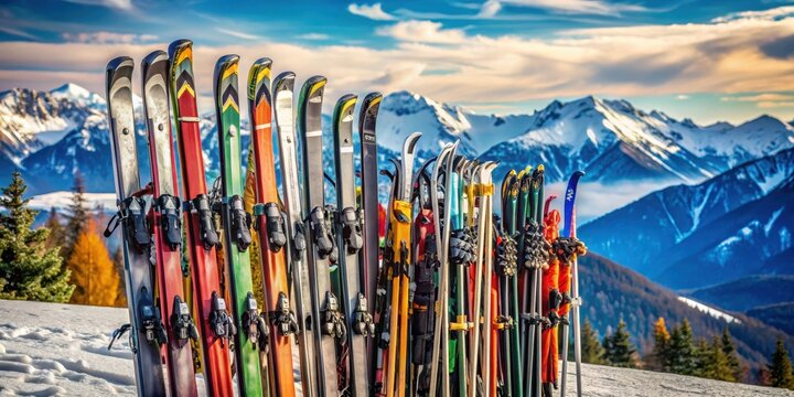 Ski rack with multiple skis of various lengths and colors stacked on top of each other in a vertical formation, creating a visually appealing composition , nature, mountainous terrain