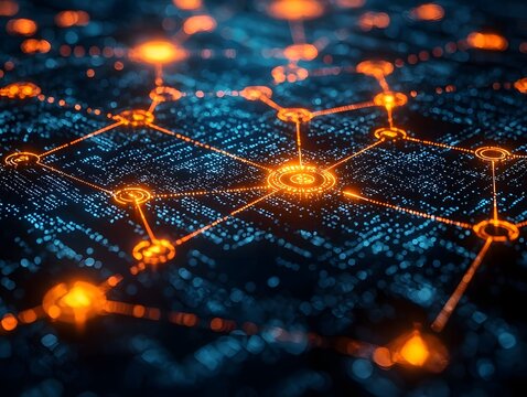 Interconnected digital network nodes converging into a central hub