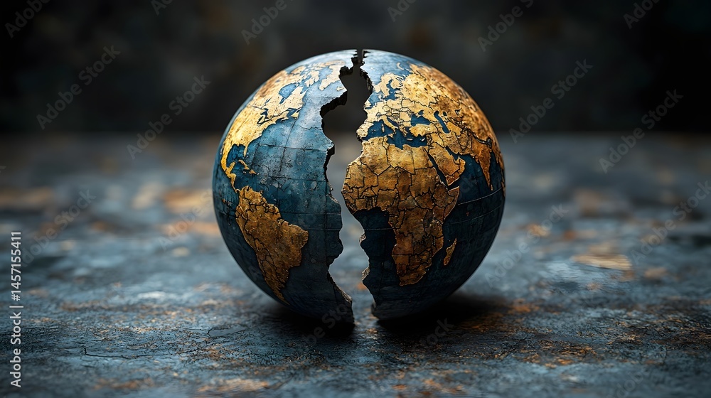 Poster global business merger concept represented by a split and rotating world globe