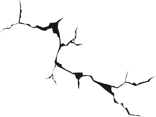 Cracked wall. Damage surface crack and fissure in ground, concrete, crevices from disaster silhouette breaks on land surface from earthquake isolated on white background. Broken ground	
