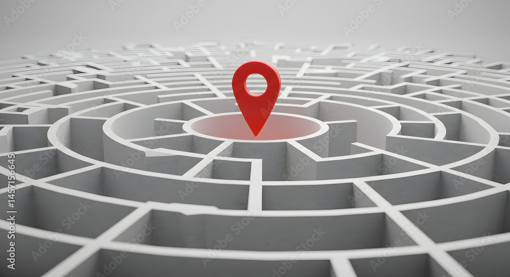 Poster white maze with central red pin signifying strategic navigation and problem solving in complex puzzl
