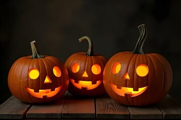 Obraz premium Classic Halloween Pumpkins with Spooky Faces Lit on Wooden Platform
