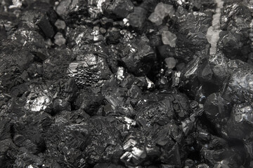 Black crystals of sphalerite with fluorite. Detailed macro photograph