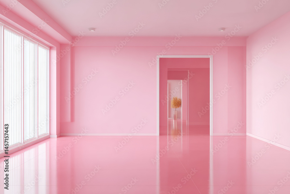 Poster minimalistic pink room with large windows and doorway leading to another space, creating serene and 