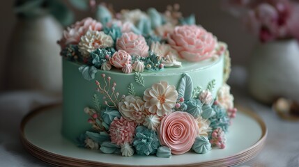 Beautiful floral cake decorated with intricate icing designs at a celebration