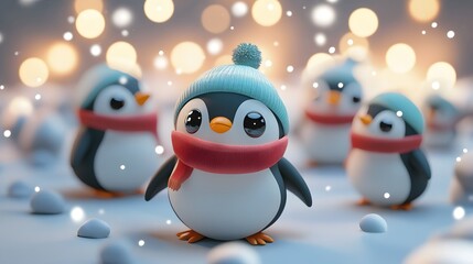 Obraz premium Cute cartoon penguins in winter attire amidst sparkling snowfall.